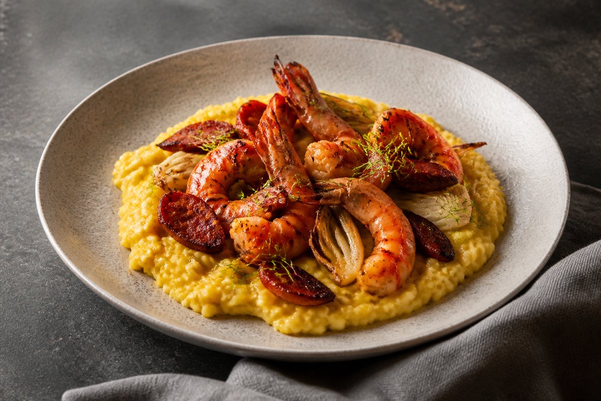 Black-Tiger-Garnelen mit Chorizo-Safran-Risotto und Ofenfenchel