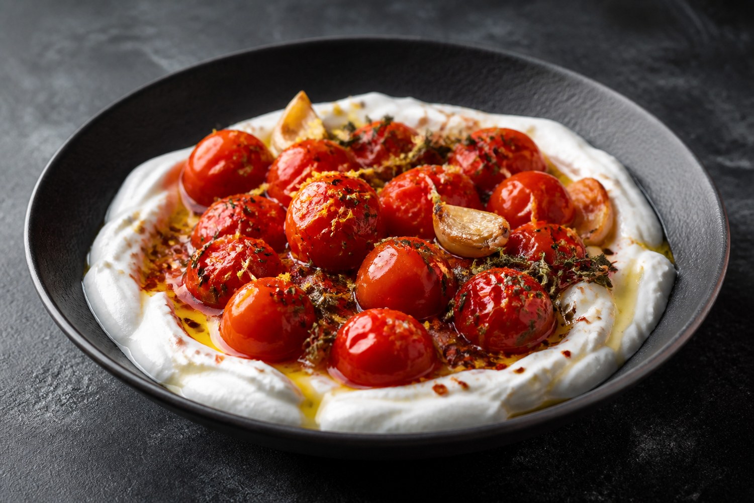 Heiße geröstete Kirschtomaten auf kaltem Joghurt