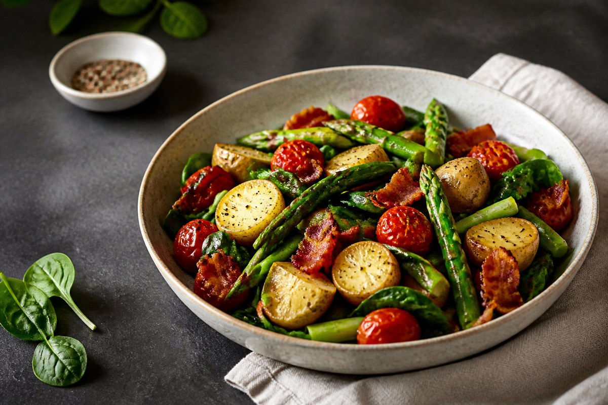 Grüner Spargelsalat mit Kartoffeln, Speck und Ofentomaten