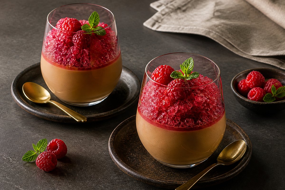 Karamellmousse mit Himbeer-Granité