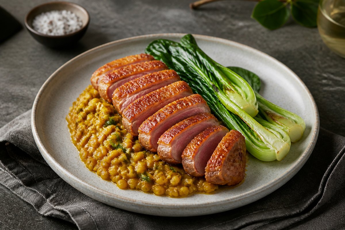 Konfierte Entenbrust mit Curry-Linsen und Pak Choi