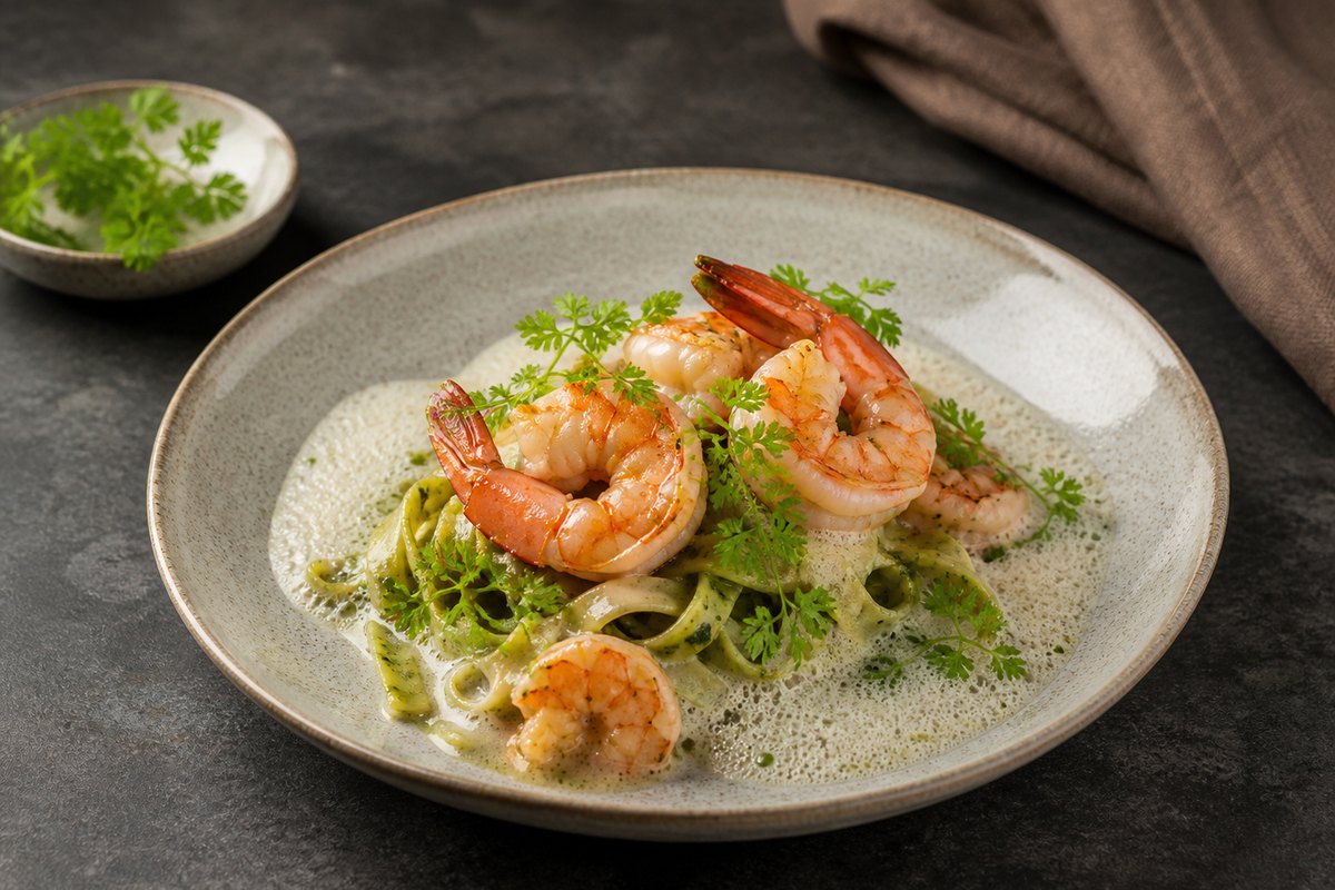 Langenpreisinger Garnele mit Kräuterbandnudeln und Garnelenschaum