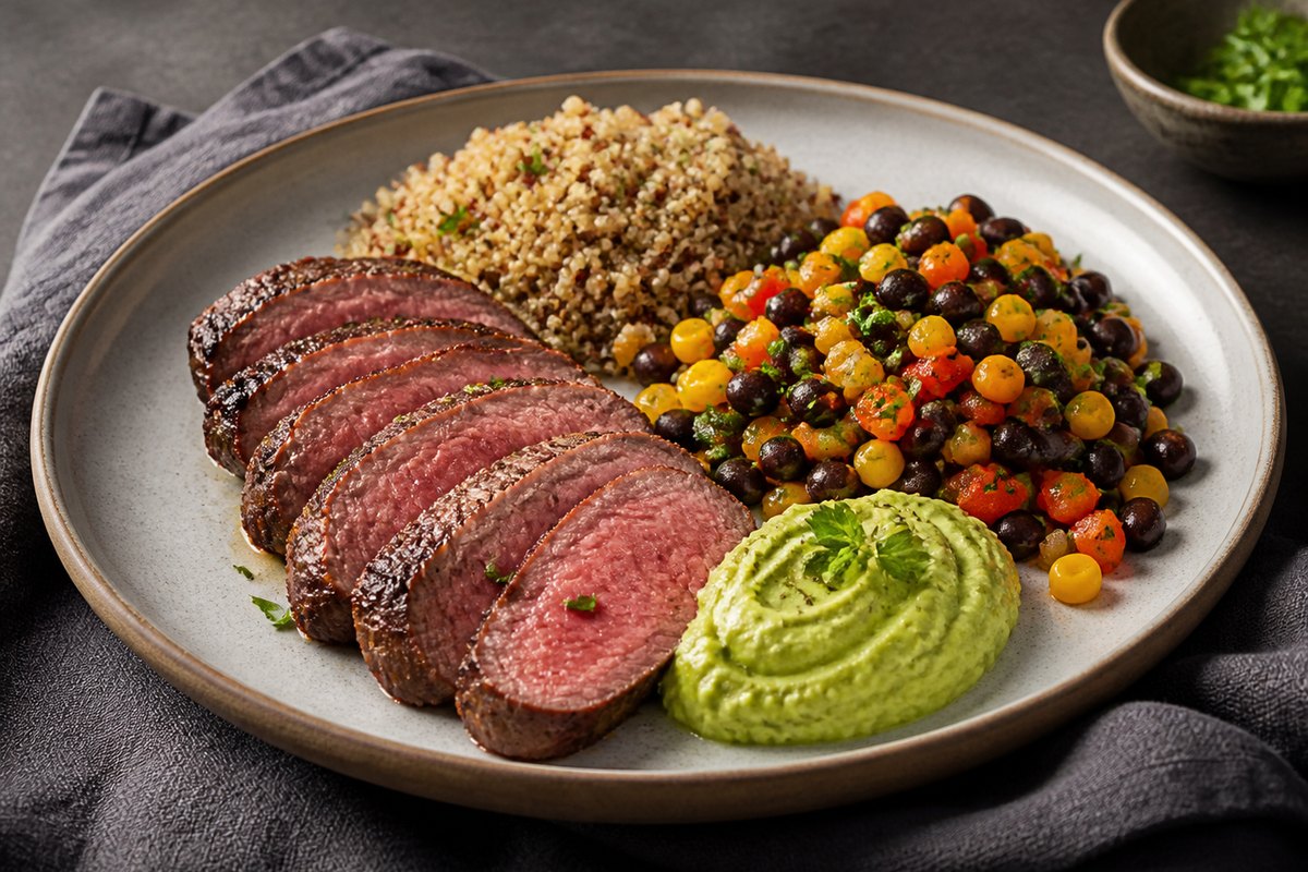 Lendensteak mit Quinoa, Avocadocreme und Corn Succotash