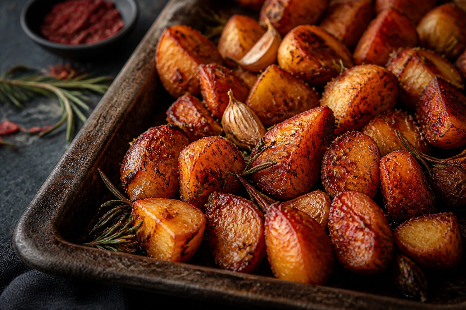 Röstkartoffeln mit confiertem Knoblauch und Harissa