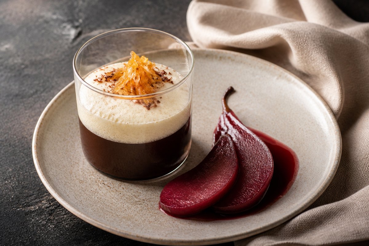Schoko-Pot-de-Crème mit Vanille-Sabayon und pochierten Ingwerbirnen