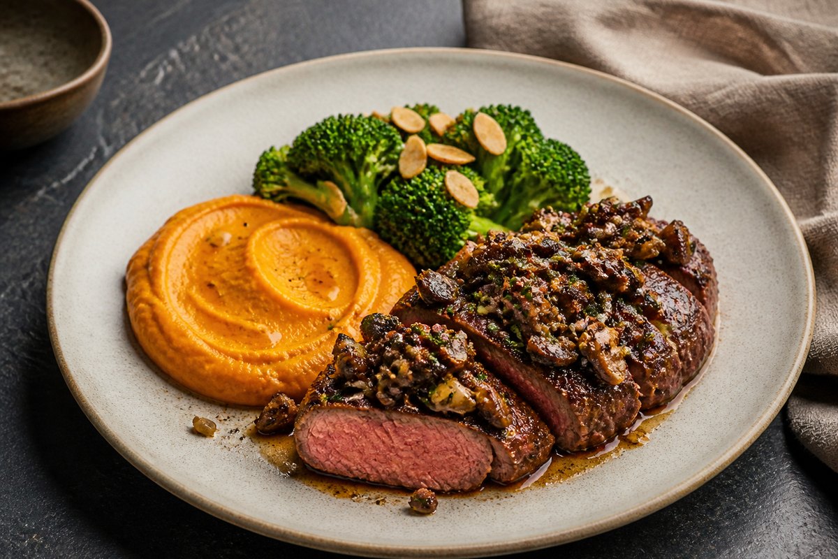 Steak mit Waldpilzkruste, Süßkartoffelpüree und Brokkoli-Mandel-Butter