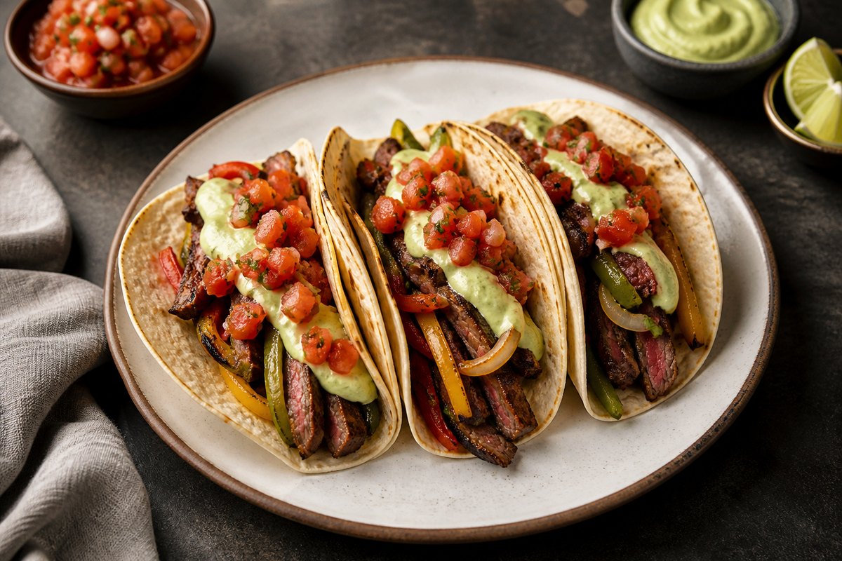 Taco Steak Ranchero mit Grillgemüse, Avocado und Ofensalsa