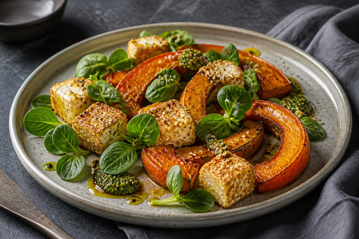 Tandoori-Kürbis mit Honig-Sesam-Feta und Spinat-Kern-Pesto